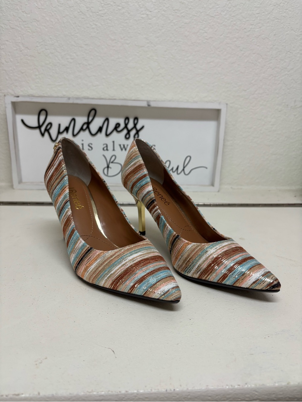 J.Renee Striped Pointed-Toe Pump in Blue, Tan & Brown